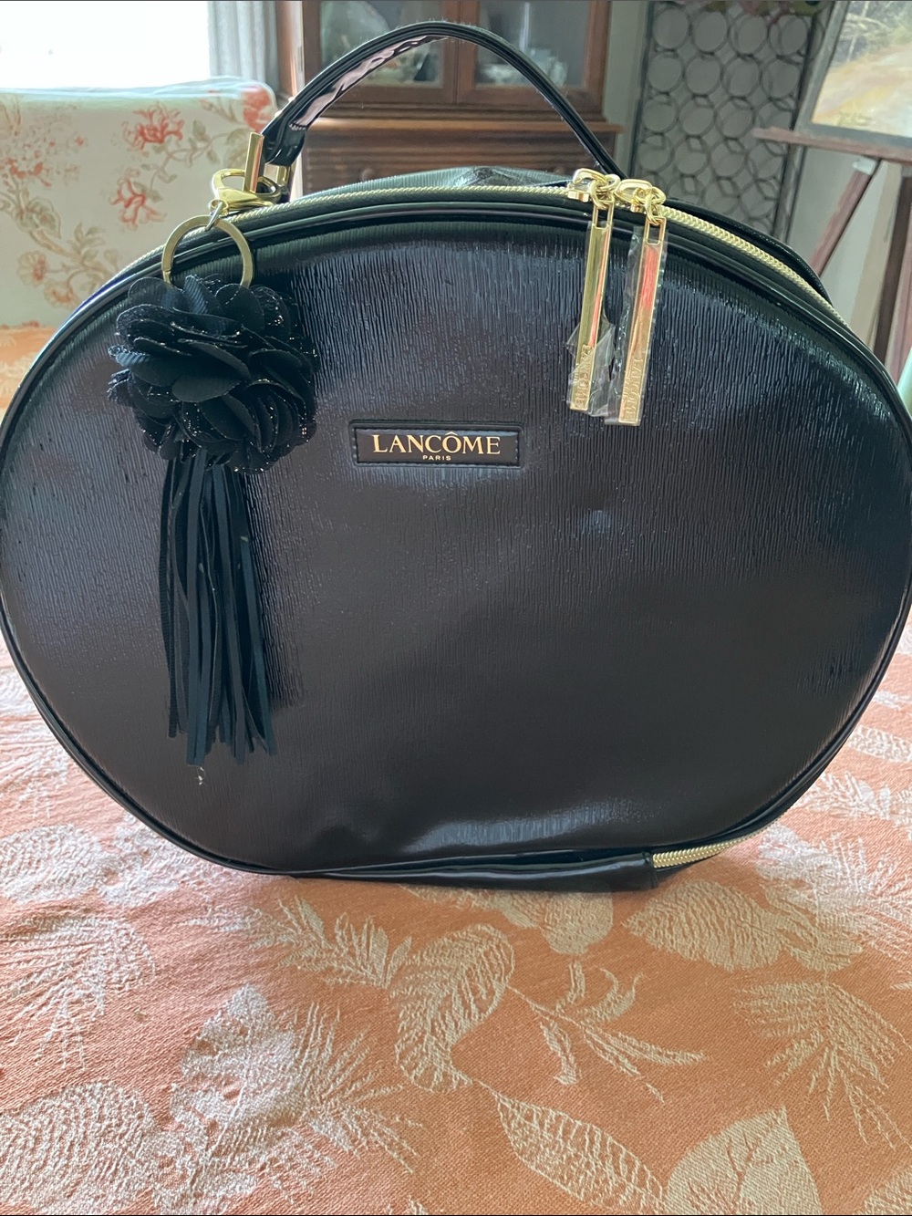 Lancome Black Round Cosmetic Case with Tassel Charm